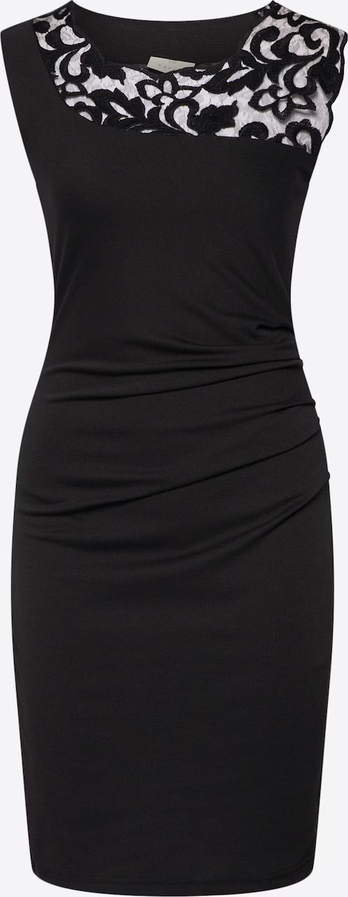 Kaffe India Vivi Black Lace Illusion Neckline Ruched Bodycon Midi Dress – Sleeveless Knee Length | Women