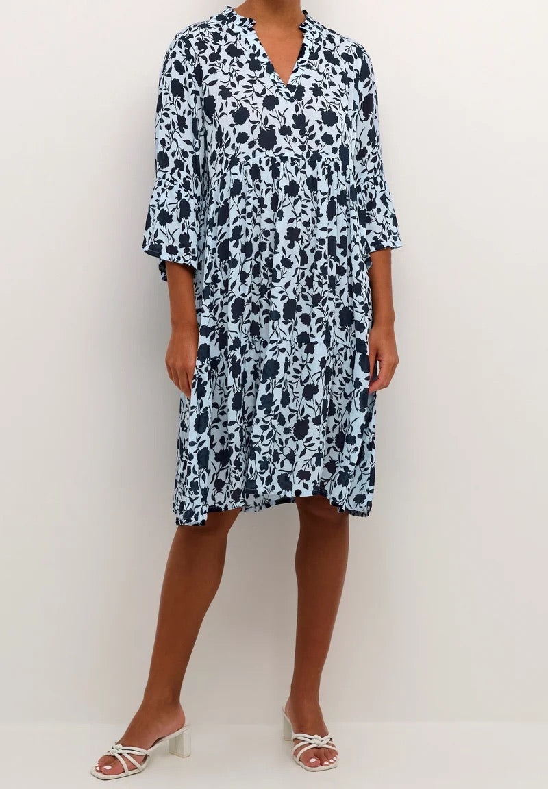 Kaffe KAisolde Ice Blue Navy Floral Print Midi Dress – Ruffle Collar 3/4 Bell Sleeves Tiered Hem | Women