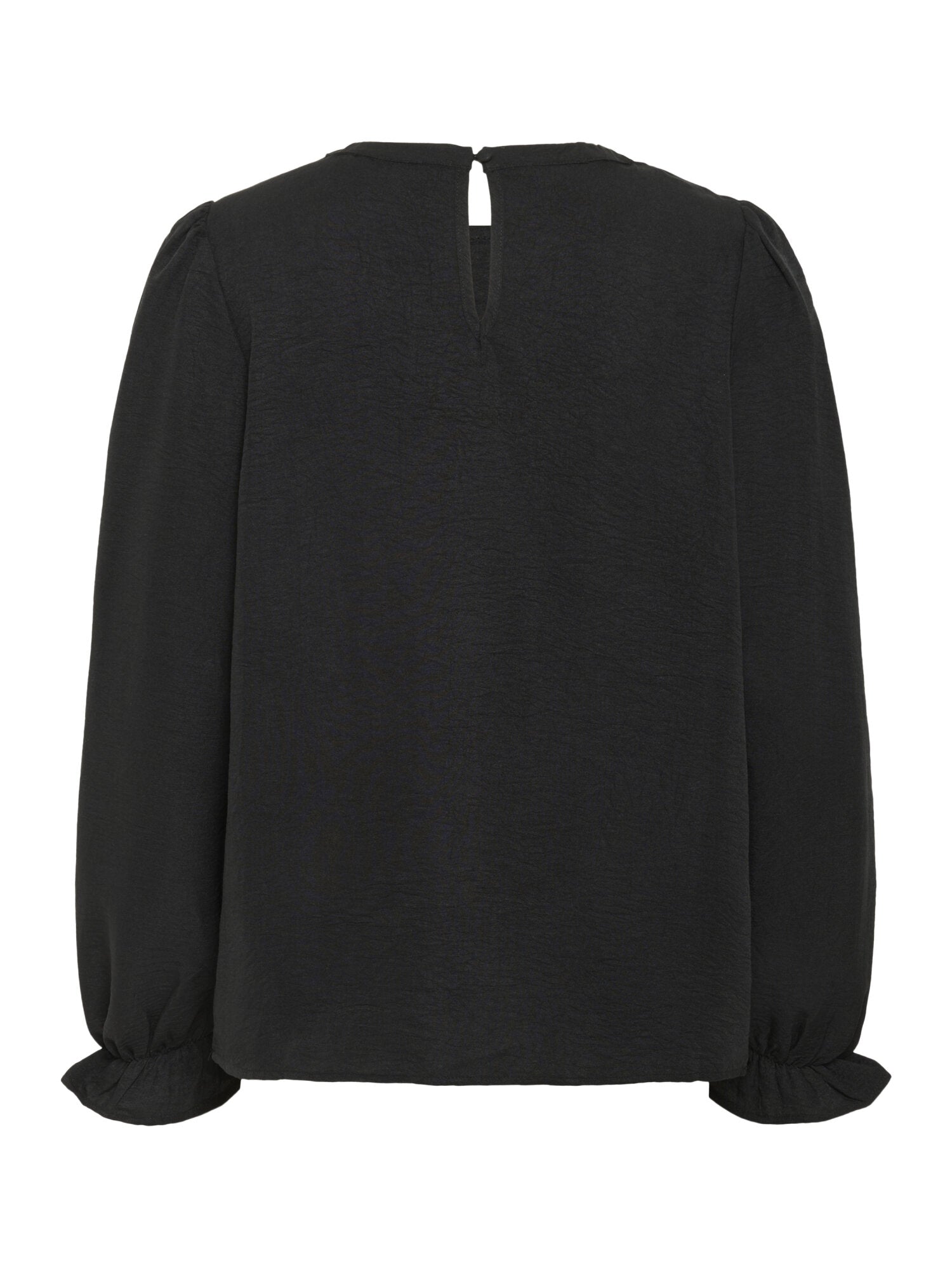 Kaffe KAnita Black Round Neck Puff Shoulder Blouse – Long Balloon Sleeves Ruffle Cuffs Keyhole Back | Women
