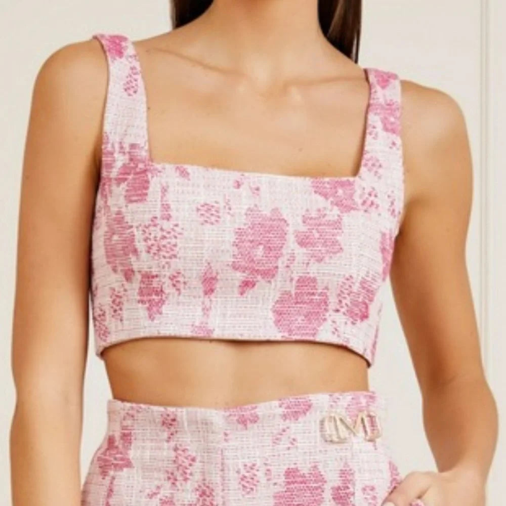 Marciano by Guess Avah Pink Floral Tweed Crop Top – Square Neck | Sleeveless
